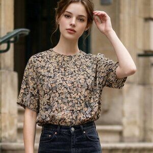 Liz Claiborne SZ 12 Vtg 100% Silk Floral Short Sleeve Boxy Blouse Button Closure